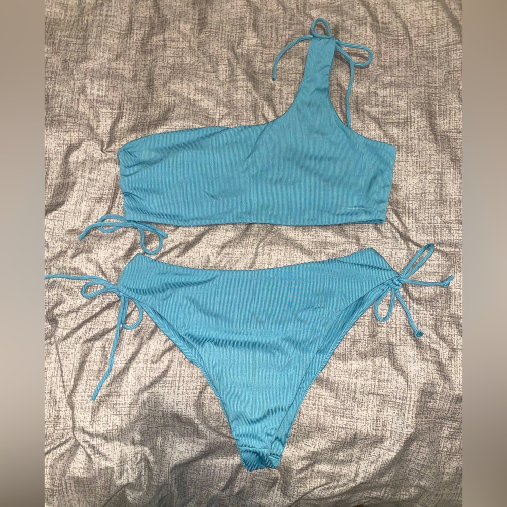 One shoulder teal two piece swimsuit